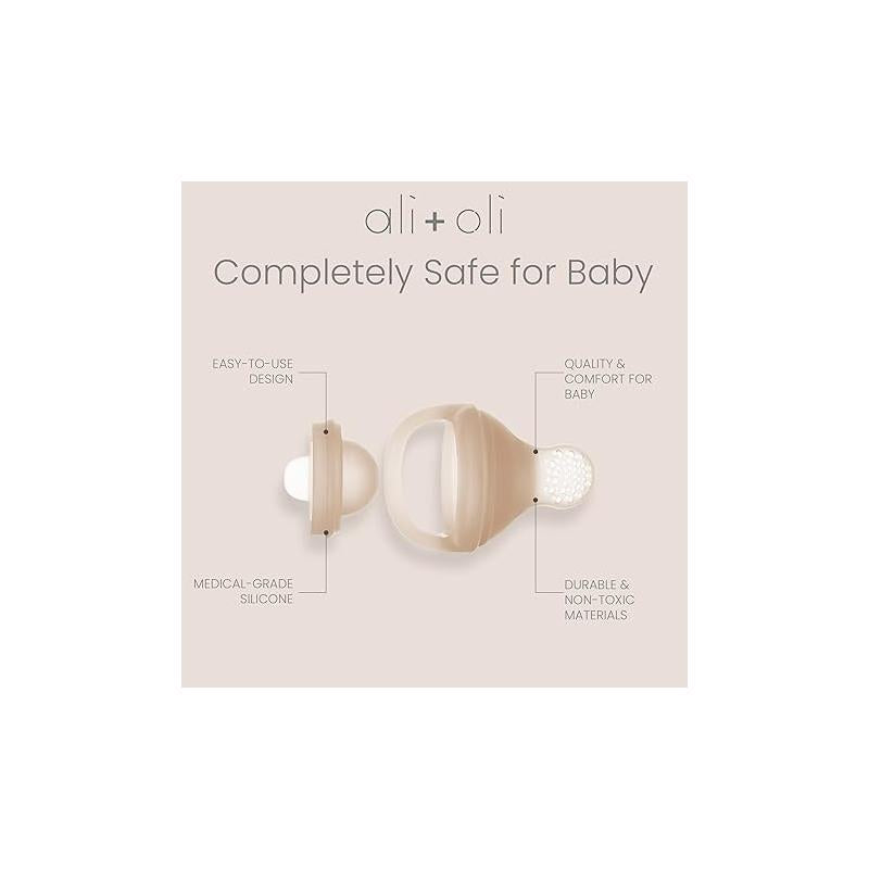 Food and fruit feeder pacifiers in beige, highlighting features like easy-to-use design and medical-grade silicone.