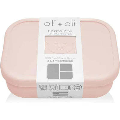 Leakproof silicone bento box in blush with spill-proof lid, featuring 3 compartments and BPA-free label.