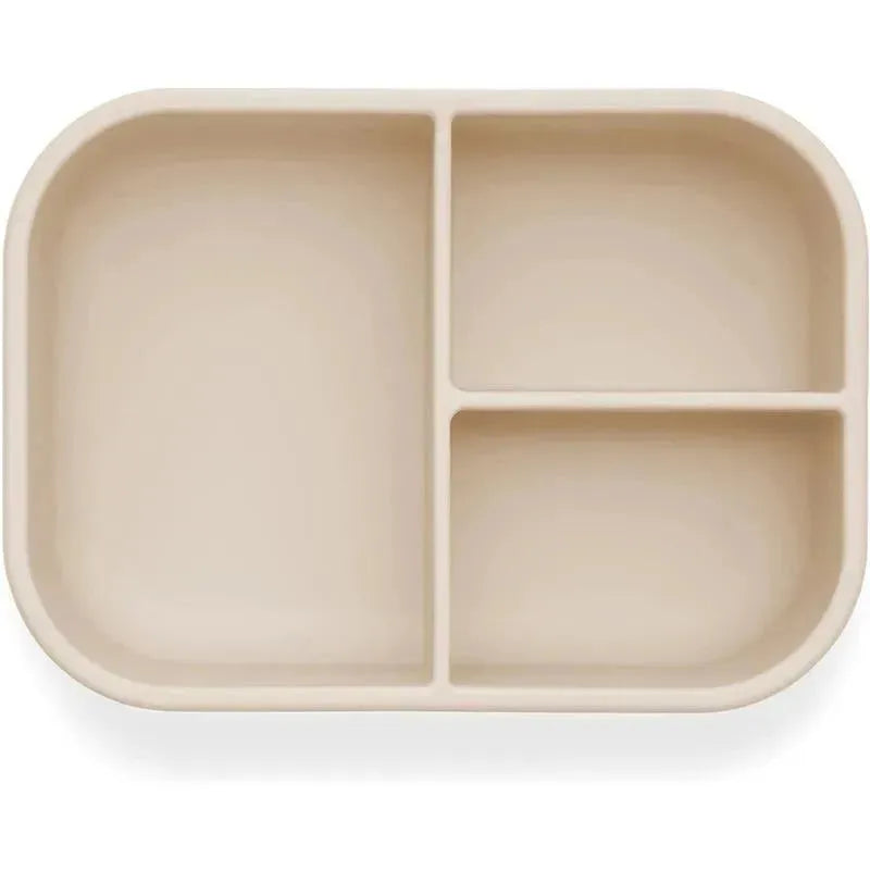 Leakproof silicone bento box in coco color with three compartments for organized food storage.