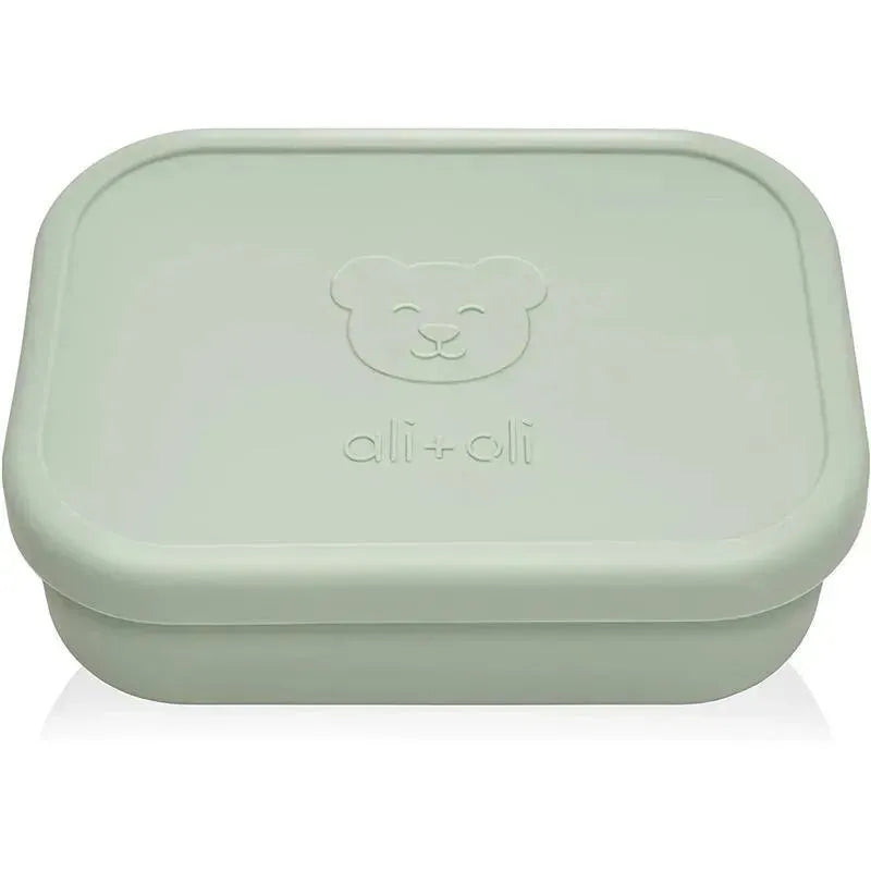 Leakproof silicone bento box in pine green by Ali + Oli, featuring a bear logo on the lid.