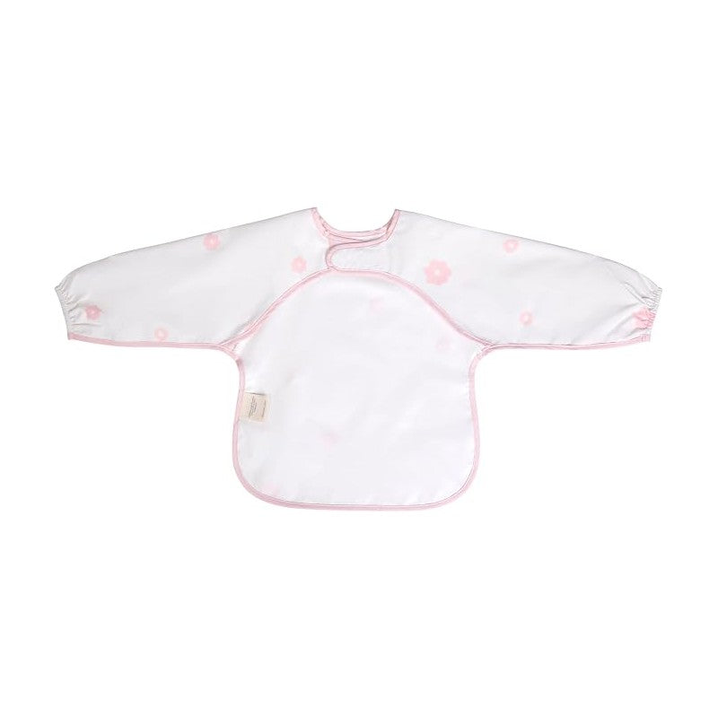 Long sleeve smock bib in white with pink flower patterns, designed for mess-free feeding.