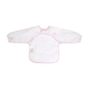 Long sleeve smock bib in white with pink flower patterns, designed for mess-free feeding.