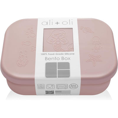 Reusable silicone bento box by Ali + Oli in mermaid design, featuring three compartments and spill-proof construction.
