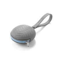 Grey Ali+Oli silicone pacifier case with a zigzag pattern, featuring a blue zipper and a loop for easy carrying.
