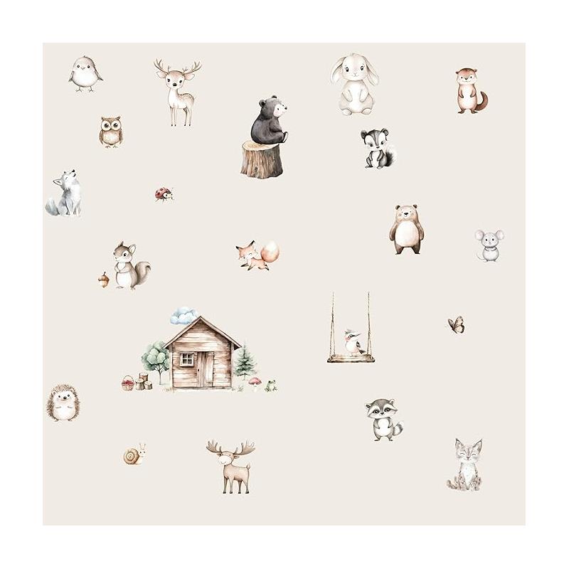Whimsical woodland-themed design featuring animals like deer, foxes, and bears around a cabin.