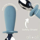Spoon and fork learning set for toddlers in powder blue; 100% food-grade silicone with a safety shield feature.