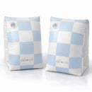 Inflatable swim arm bands in blue checkers design by Ali + Oli, featuring two air valves for easy inflation.