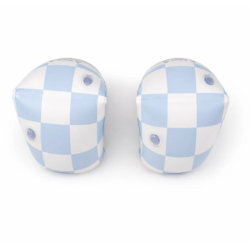 Inflatable swim arm band wings in blue checkers design, featuring air valves for easy inflation and deflation.