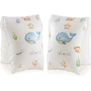 Inflatable swim arm band wings featuring whimsical undersea designs, including a whale, starfish, and coral.