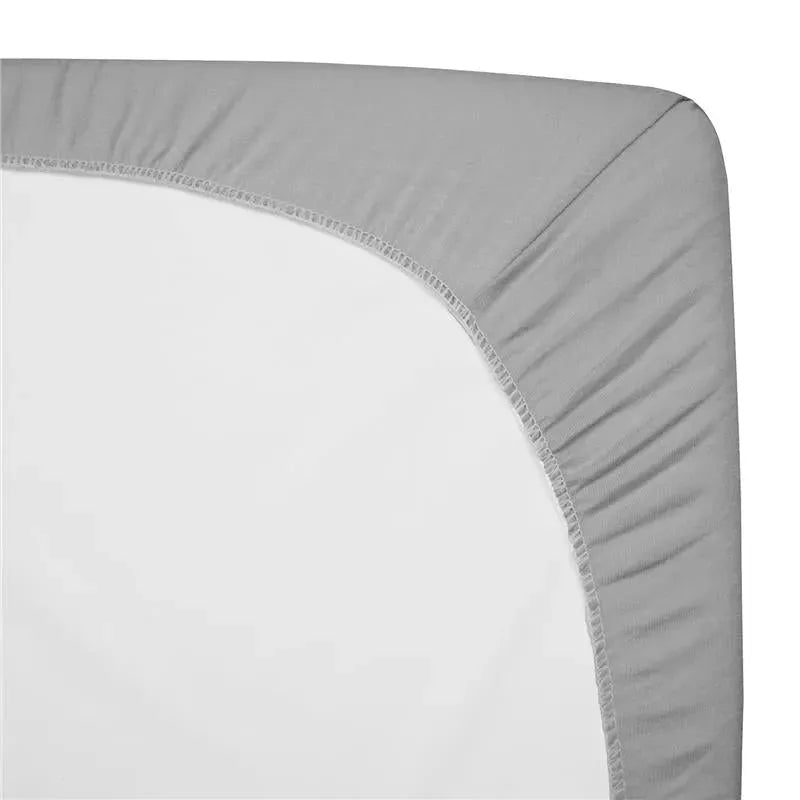 Grey cotton fitted bassinet sheet with elastic edges, designed for 15x33 inch mattresses.