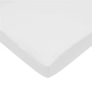 Grey fitted bassinet sheet made of 100% cotton jersey, measuring 15 x 33 x 4 inches, showing smooth edges.