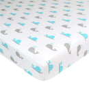 Grey and blue whale patterned fitted bassinet sheet, made of 100% cotton jersey, measuring 15 x 33 x 4 inches.