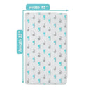Grey bassinet sheet featuring a playful whale pattern, dimensions 15 x 33 x 4 inches, made of 100% cotton knit.