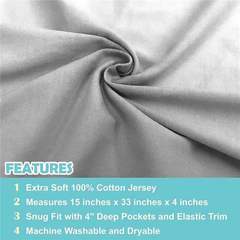 Grey cotton jersey fabric with text highlights features of the American Baby fitted bassinet sheet, including measurements and care instructions.