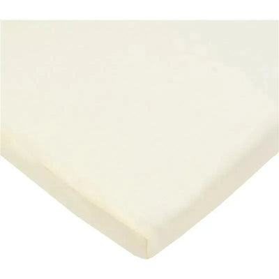Cream-colored fitted bassinet sheet made from 100% natural cotton jersey knit, designed for a 15 x 33 bassinet.