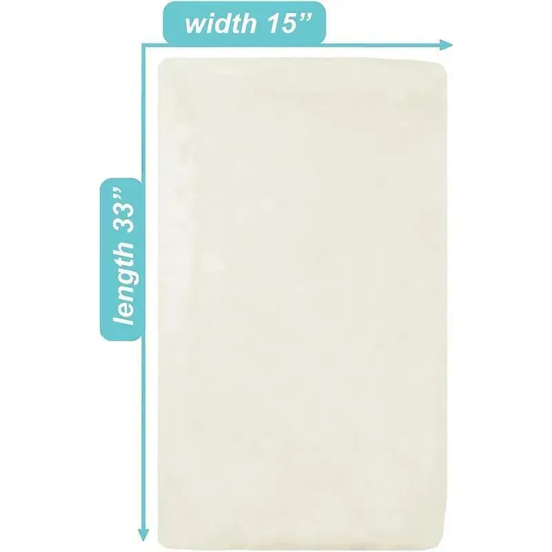 Cream-colored fitted bassinet sheet made from 100% natural cotton jersey knit, measuring 15 x 33 inches.