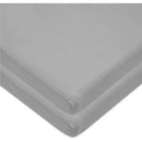 Grey fitted bassinet sheet made of 100% natural cotton jersey knit, folded neatly for display.