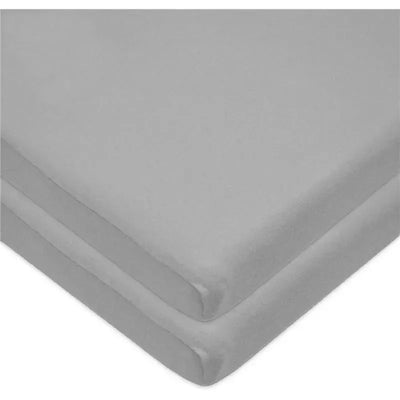 Grey fitted bassinet sheet made of 100% natural cotton jersey knit, folded neatly for display.