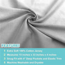 Grey 100% cotton jersey knit bassinet sheet with deep pockets and elastic trim, displaying product features.