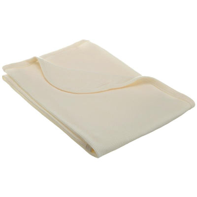 Organic cotton 30 x 40 thermal waffle swaddle blanket in a soft natural color, folded neatly for storage or display.