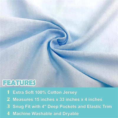 Fitted bassinet sheet in light blue, made from 100% cotton jersey, featuring deep pockets and elastic trim.