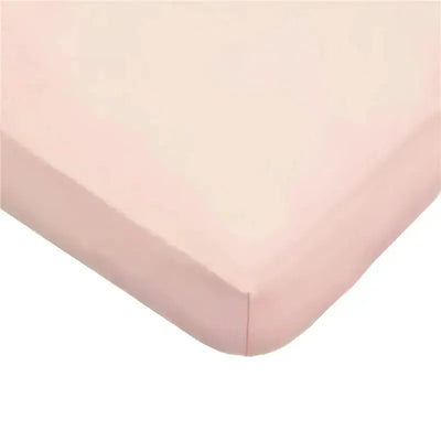 Fitted mini crib sheet in blush color, made from 100% cotton jersey, designed for a 24 x 38 inch crib mattress.