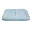 Light blue fitted contoured changing pad cover with textured minky dot design, suitable for baby changing tables.