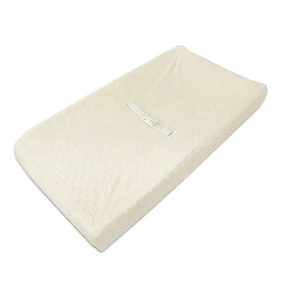 Ecru minky dot fitted contoured changing pad cover with a safety strap, designed for infant changing tables.