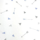 Fitted crib sheet featuring a pattern of blue and gray arrows and triangles on a white background.