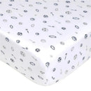 Fitted crib sheet in grey cotton jersey knit featuring a playful sports motif with various sport balls.