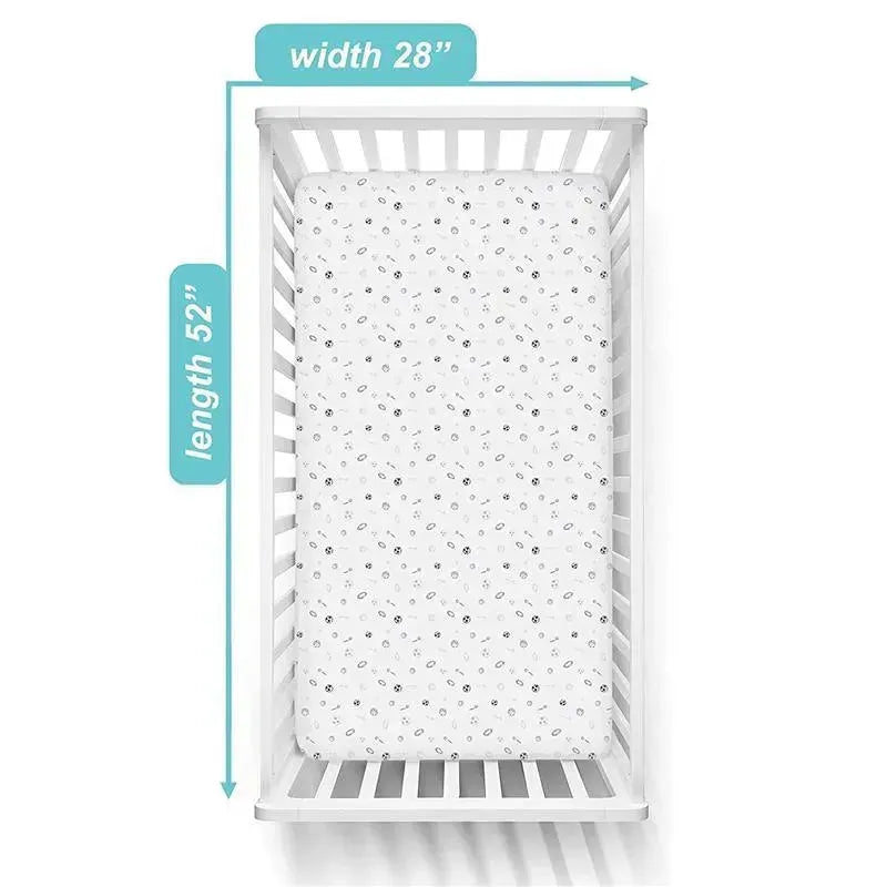 Grey sports printed fitted crib sheet in a white crib, dimensions marked: 28” width and 52” length.