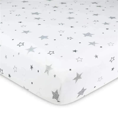 Fitted crib sheet featuring a white background with various silver stars in different styles and sizes.