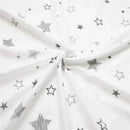 100% cotton fitted crib sheet featuring a white background with various gray stars and stripes designs.