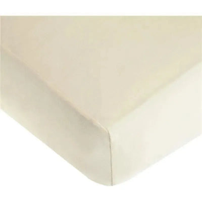 Ecru 100% natural cotton jersey knit fitted crib sheet, showing its corner and soft texture.