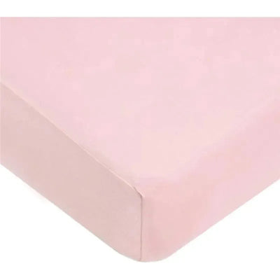 Fitted crib sheet in soft pink cotton jersey knit fabric, designed for a snug fit on standard crib mattresses.