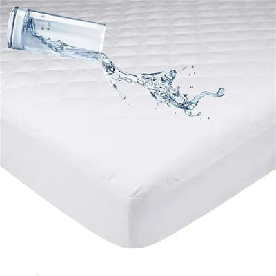 Ultra soft waterproof fitted mattress protector, demonstrating water resistance with a spilled glass of water.