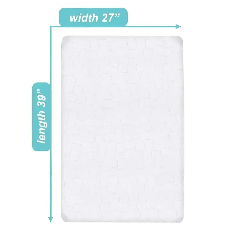 Waterproof Pack N Play mattress protector in white, measuring 27 x 39 inches, with subtle textured design.