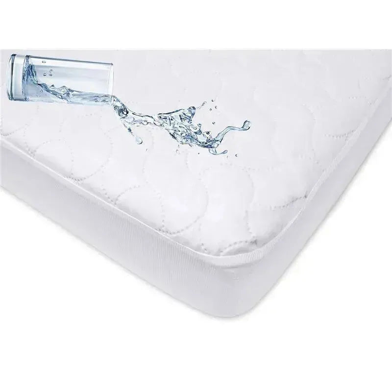 Waterproof Pack N Play mattress protector with a quilted white surface, showing water being poured on it.