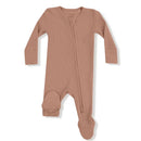 Baby footie in Café Au Lait color, featuring a two-way zipper, long sleeves, and footed design, made from ribbed fabric.