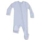 Light blue 2-way zipper footie with long sleeves and polka dot grip patches on the feet, designed for babies.