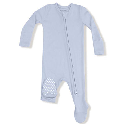 Light blue 2-way zipper footie with long sleeves and polka dot grip patches on the feet, designed for babies.