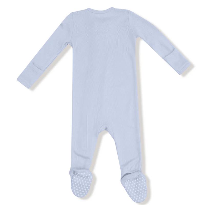 Light blue, ribbed baby footie with long sleeves, 2-way zipper, and polka dot grips on the feet.