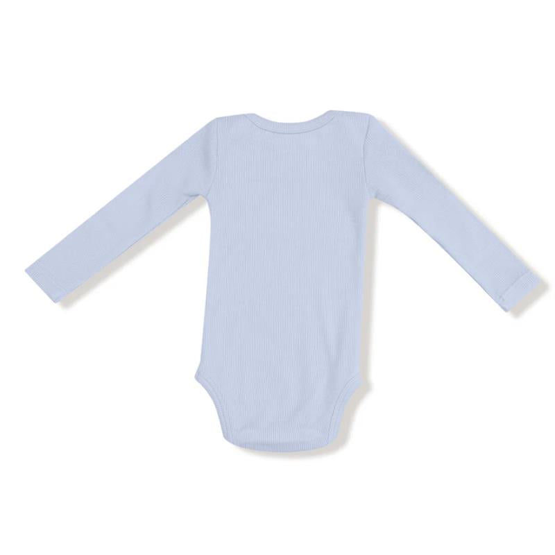 Lap shoulder long-sleeve bodysuit in light blue color, featuring a ribbed texture for baby comfort.