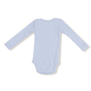 Lap shoulder long-sleeve bodysuit in light blue color, featuring a ribbed texture for baby comfort.