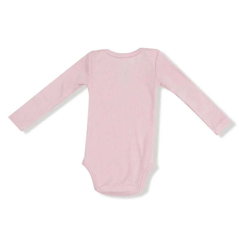 Long-sleeve baby bodysuit in soft ribbed pink fabric with a lap shoulder design.