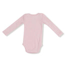 Long-sleeve baby bodysuit in soft ribbed pink fabric with a lap shoulder design.