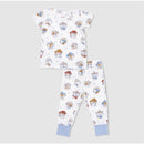 Short sleeve loungewear set featuring playful cowdog illustrations in soft colors, ideal for baby boys.
