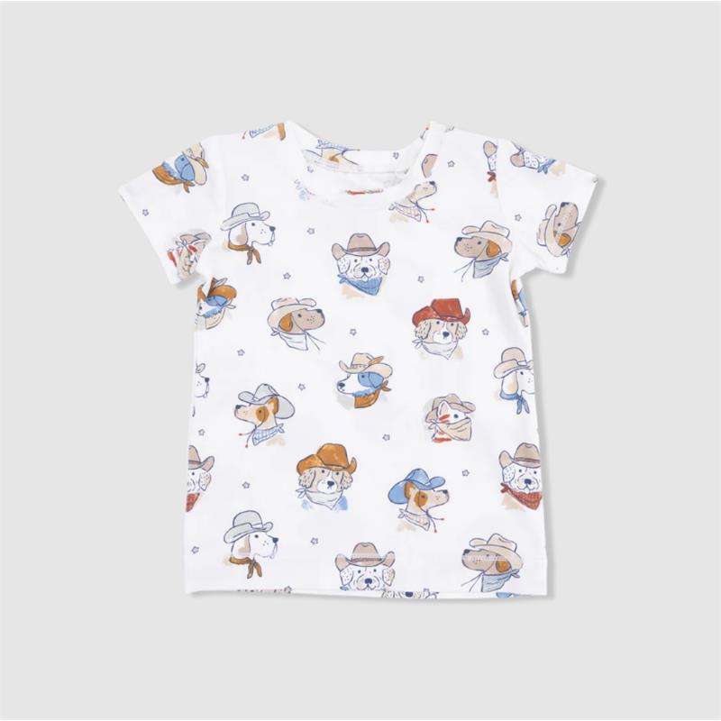 Short sleeve loungewear set featuring playful cowboy-themed dog illustrations on a white background.