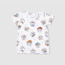 Short sleeve loungewear set featuring playful cowboy-themed dog illustrations on a white background.