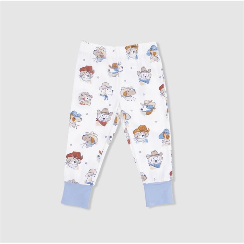Short sleeve loungewear set featuring cowdog prints in various colors on white fabric, with blue cuffs at the bottom.